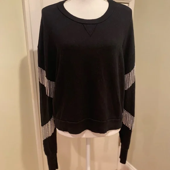 New Free People X Vintage Soul Crystal Fringe Crew Size S Washed Black - Picture 4 of 14